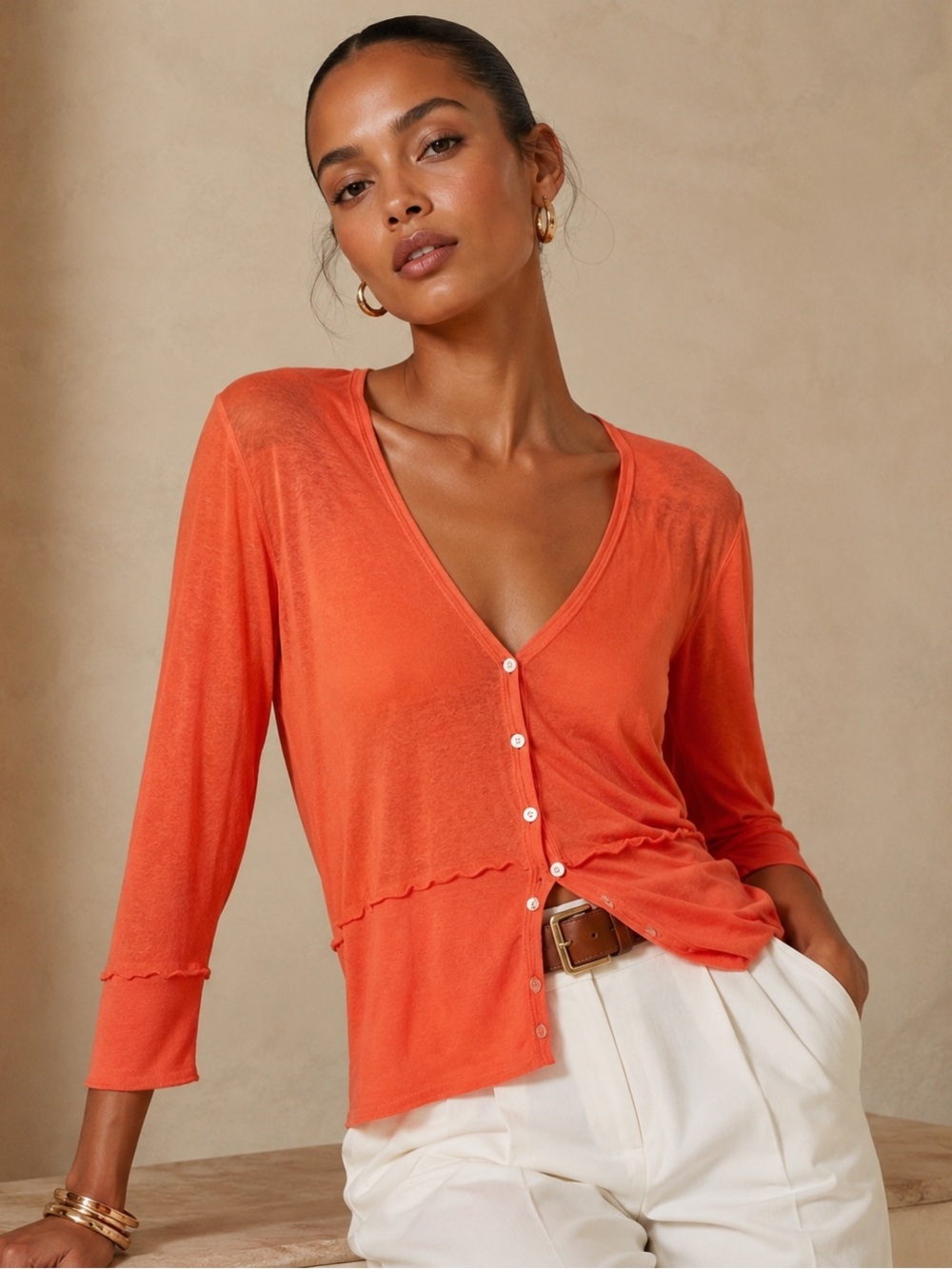 Bright Orange Button-Front Lightweight Summer Cardigan Breathable Top L